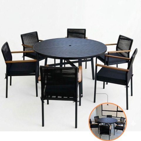 Conjunto Mesa e 6 Poltronas Verona Premium e Capri Estrutura Alumínio Assentos Estofados Corda