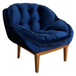 Poltrona Veludo Azul Marinho Base Madeira Castanho