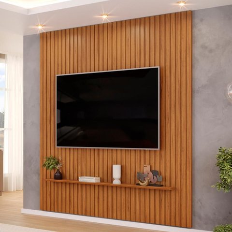 Painel Ripado para TV 75 pol Sala Quarto 223x240cm Lexa D05 Freijó - Lyam Decor