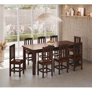 Conjunto Mesa de Madeira Castanho 200x88 + 8 Cadeiras Estofadas Sfa