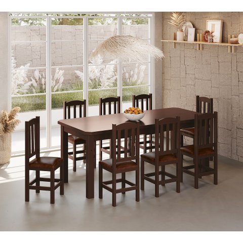Conjunto Mesa de Madeira Castanho 200x88 + 8 Cadeiras Estofadas Sfa