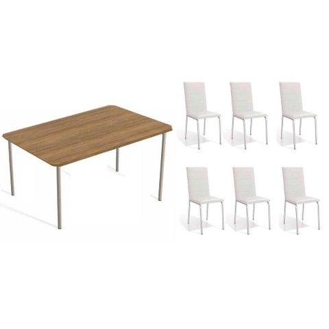 Conjunto: Mesa de Cozinha Sena C/ Tampo de Madeira 1.60cm + 6 Cadeiras Amsterdã Niquel/branco 106