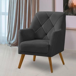 Poltrona Decorativa Bordada Magali Veludo Cinza Grafite Lansofbr