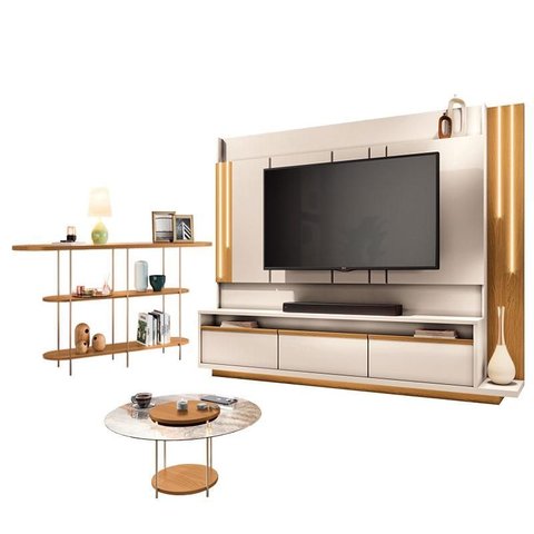 Estante Home Theater Montane Off White Cinamomo e Aparador Infinity e Mesa de Centro Sky com Tampo D