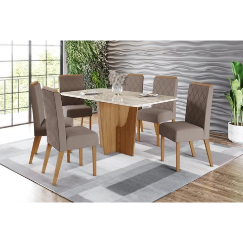 Mesa de Jantar Vertice 160 C. Vidro 6 Cad. Nina Amendoa - Henn