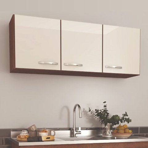Armário Aéreo de Cozinha 120 Cm 3 Portas Multiuso Noce/off-white