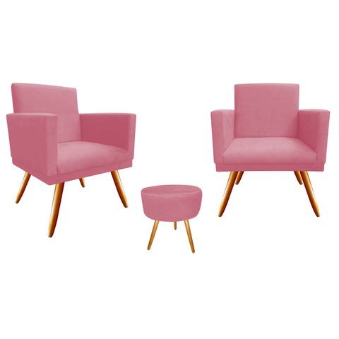 Kit 2 Poltronas Decorativa Bia + Puff Redondo Suede Rosa Pés Madeira Ms Decor