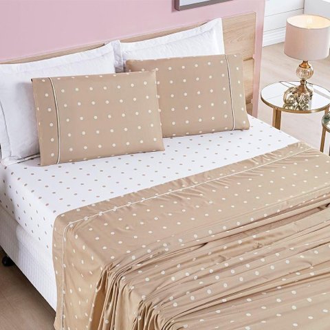 Jogo de Cama Lençol Celine Casal King 04 Peças Micropercal 200 Fios Bolinhas - Cáqui