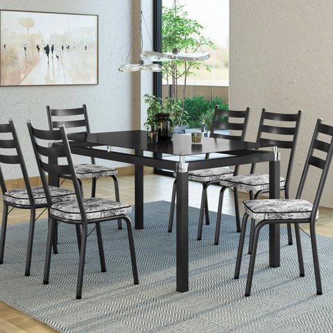 Conjunto Mesa 140cm com 6 Cadeiras New Malva Preto/Cinza Floral