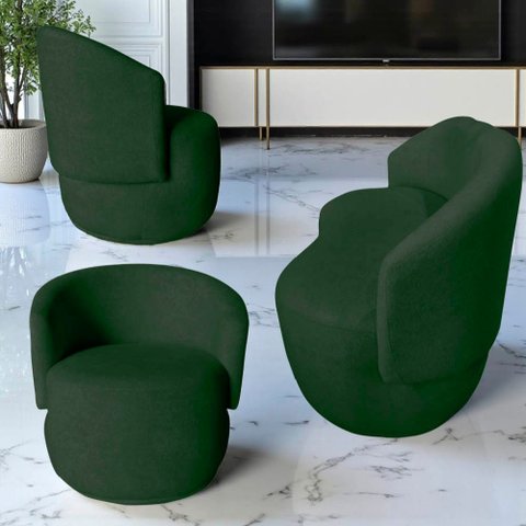 Kit Namoradeira + 2 Poltronas Decorativa Beatriz Orgânica Suede Verde