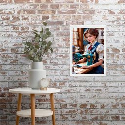 Quadro Vintage Mulher Costurando - Costureira 45x34cm - com Vidro:madeira Preta - 2