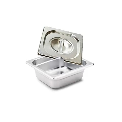 CUBA Gastronômica Em INOX GN 1/6x65 mm 1 Litro + TAMPA 1/6 Em INOX COM ABERTURA Para Colher e Concha
