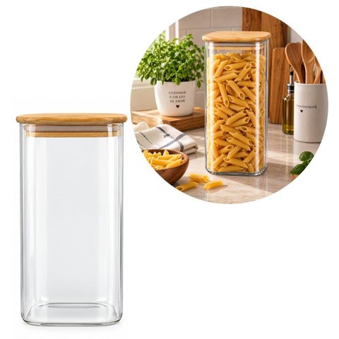 Pote Hermético Vidro Borossilicato 1500ml Tampa de Bambu Porta Mantimentos