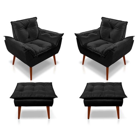Kit C-02 Poltronas Opala + 02 Puff Opala Elegante Suede Preto