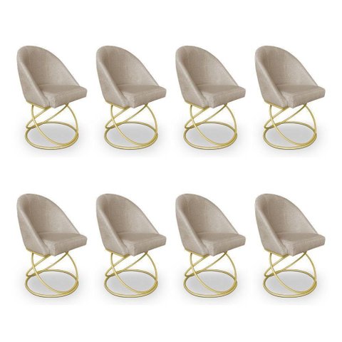 Kit 08 Cadeiras Poltrona de Jantar Bela Linho Bege Base Metálica Luxo Dourado - Pallazio