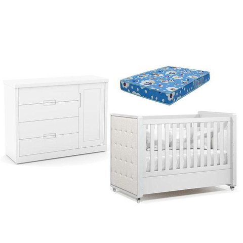 Berço Americano com Capitonê New Boucle e Cômoda Infantil Tutto New Branco Acetinado e Colchão