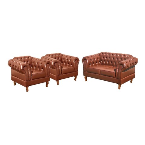 Sofá 2 Lugares Com 2 Poltronas Chesterfield Capitonê Dom Pedro - Couríssimo Marrom Caramelo