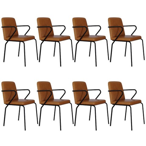 Kit 08 Cadeiras Estofada para Sala de Jantar com Braço Loft Preto C01 Courino Caramelo - Lyam Decor