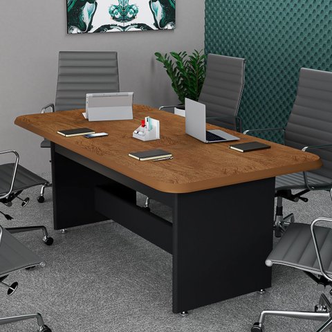 Mesa para Sala de Reunião Office Executivo para 6 Lugares Tampo Amadeirado