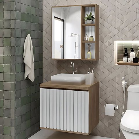 Conjunto Gabinete de Banheiro 60cm Ripado C/ Cuba Espelheira:avelato/branco
