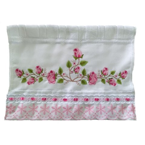 Toalha De Mão, Lavabo, Bordado Ramos e Rosas Com Tira Bordada. TLVB3 Dohler Artesanalle