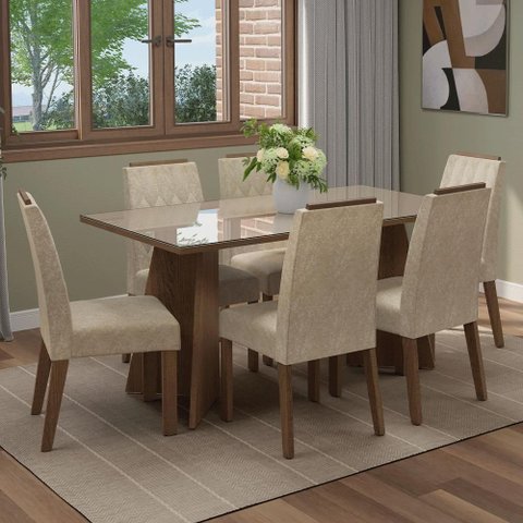 Conjunto Sala de Jantar Tampo de Vidro 6 Cadeiras Rustic/crema/imperial Sintra Madesa
