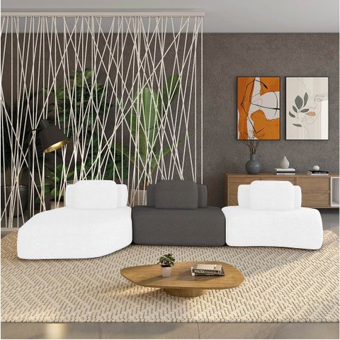 Sofá 3 Lugares Orgânico com Chaise e 2 Módulos Berlim Bouclê Off White/grafite K01 - D’Rossi