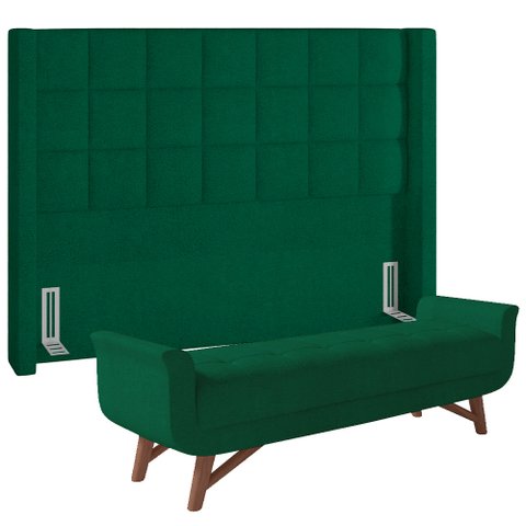 Kit Cabeceira Cama Box Paris 160 Cm com Puff Recamier Itália P05 Bouclê Verde - Lyam Decor Paris & I
