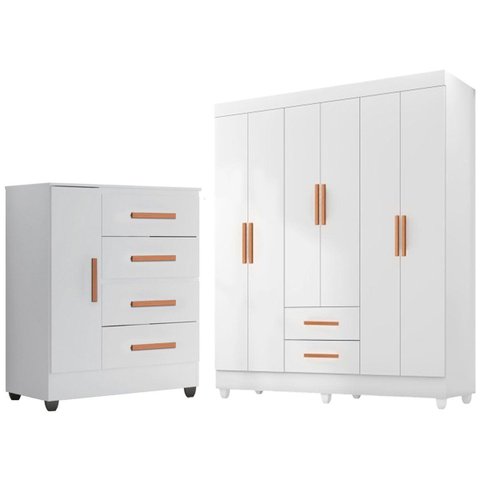 Kit Guarda-Roupa Casal 6 Portas e Cômoda Sapateira 1 Porta Lisa Branco
