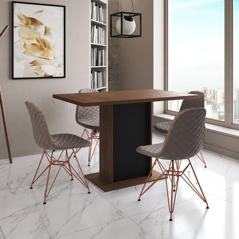 Mesa Jantar Londres Tampo Amêndoa 120cm Base Preta 4 Cadeiras Base Cobre Estofado Nude Médio