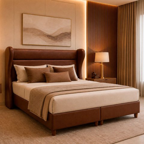 Cama Box com Cabeceira King Elegante Courino Marrom - Sallar Home