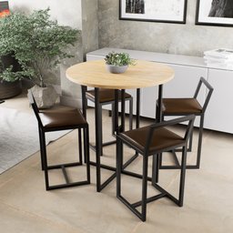 Conjunto Mesa 4 Cadeiras Estofado Tampo Pinus Redondo Industrial Black - 1