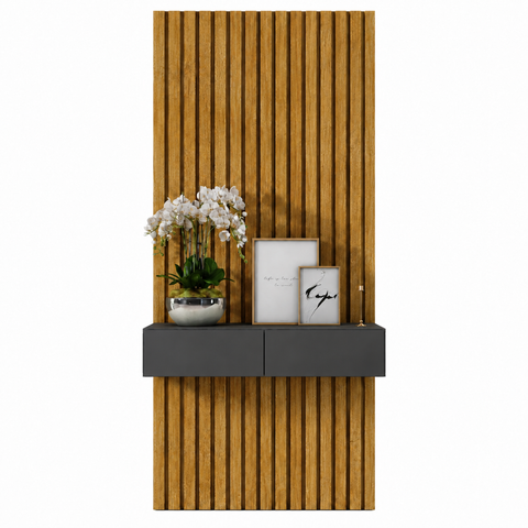 Aparador Suspenso 90cm com Painel Ripado MDF Decorativo Sala:Cinza