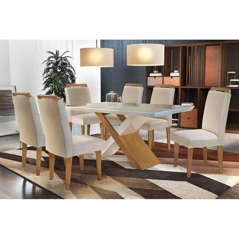 Conjunto: Mesa de Cozinha Imperatriz Tampo Madeirado C/ Vidro Canto Reto 180x90cm e 6 Cadeiras