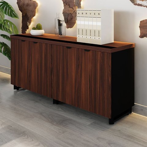 Armário Baixo para Escritório 158cm Duplo com 4 Portas Puxadores Metálicos Corporate Marrom/Louro Pr