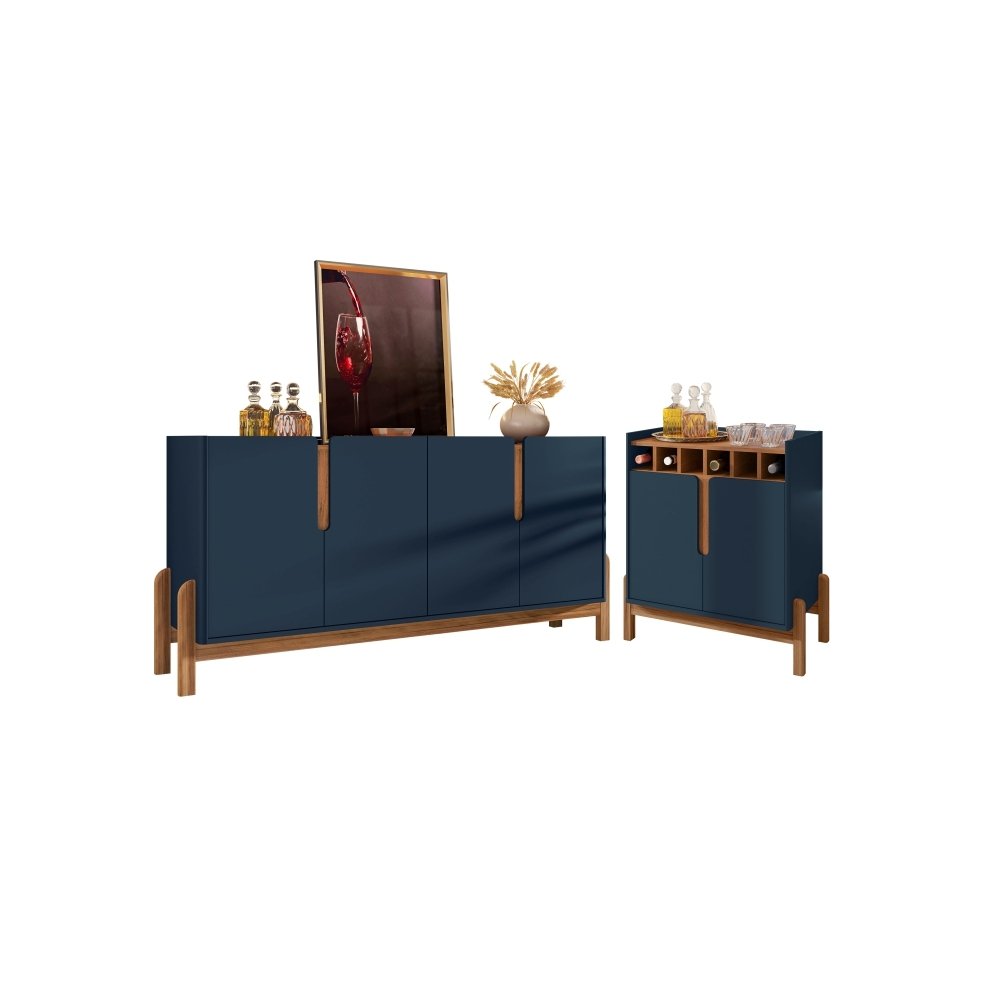 Conjunto Buffet 1.7 e Bar Ramp Azul Cobalto Cedro | MadeiraMadeira