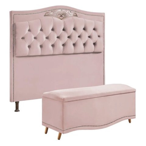 Conjunto Cabeceira e Calçadeira Holanda 140cm Veludo Rosê Speciale Home