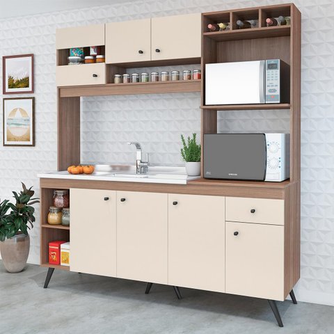 Cozinha Pequena Retrô Sabrina 182 Cm Armário Forno/micro Balcão Pia Mdp Teka Champanhe - Clicklar