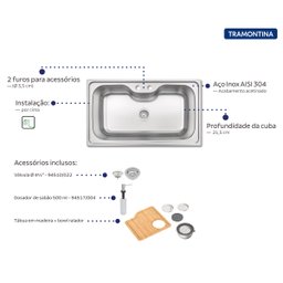 Cuba de Sobrepor Tramontina Morgana Maxi 75 FX 86 x 50 cm Aço Inox com Dosador de Sabão Tábua e - 4