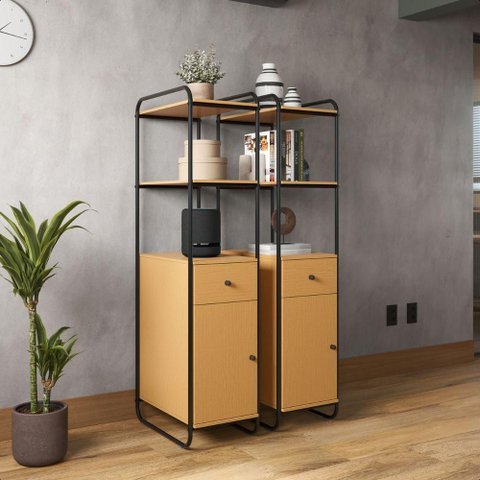 Estante Livreiro Office Industrial em Aço e Madeira Criare Canela