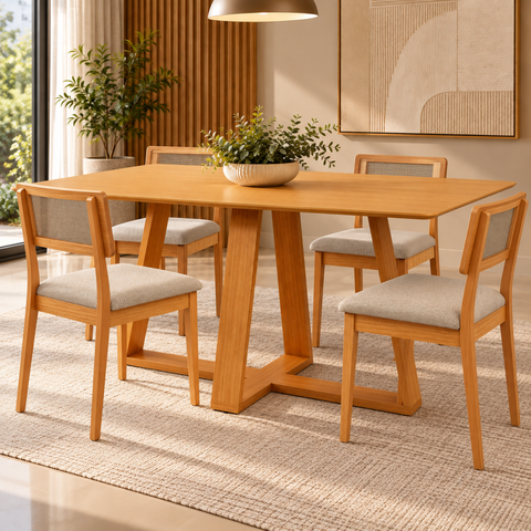 Conjunto Mesa de Jantar Retangular MDF 4 Cadeiras Estofadas Tela Carvalho Rose/Bege Rústico - Dalla