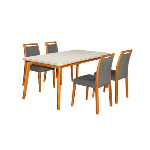 Mesa Jantar Luxo Jade 160x90cm Off White com 4 Cadeiras Estofadas Linho Chumbo Base Madeira Maciça M