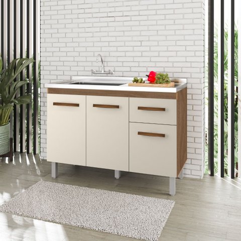 Balcão 120cm Anita 03 Portas e 01 Gaveta com Pia e Cuba Ghelplus Savana Off White Moblis