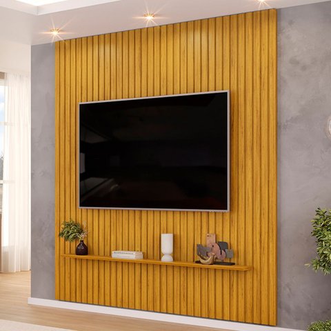 Painel Ripado para TV 75 pol Sala Quarto 223x240cm Lexa D05 Cedro - Lyam Decor
