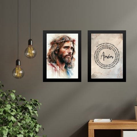 Kit 2 Quadros Jesus Aquarela - Pai Nosso 45x34cm - com Vidro:madeira Branca