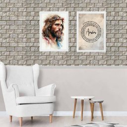 Kit 2 Quadros Jesus Aquarela - Pai Nosso 45x34cm - com Vidro:madeira Branca - 2