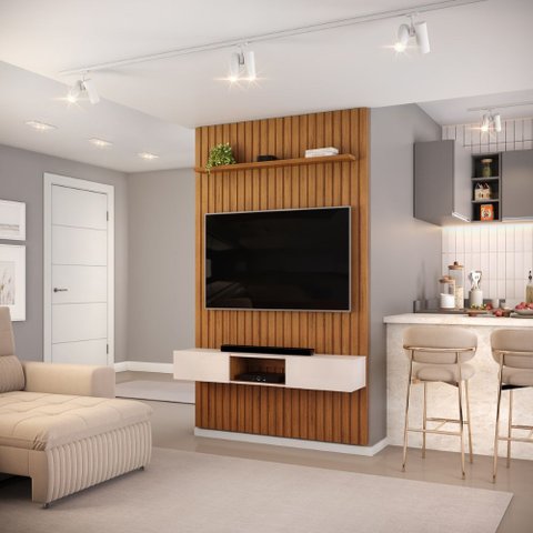 Conjunto com Painel Ripado e Bancada Suspensa 143cm Trento Sala de Estar Freijó Off White DJ Móveis