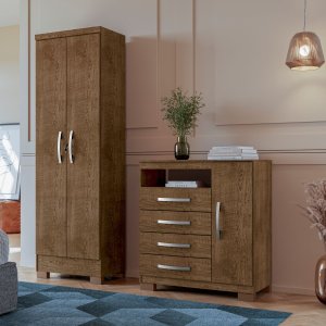 Kit Cômoda Sapateira 1 Porta 4 Gavetas e Multiuso 2 Portas Porto Belo Malbec