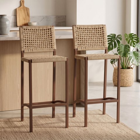 Banqueta Bistrô Balcao Gourmet Corda Nautica – Aço – Marrom e Bege - Kit 2