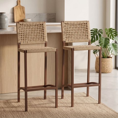Banqueta Bistrô Balcao Gourmet Corda Nautica – Aço – Marrom e Bege - Kit 2